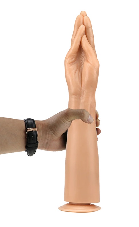 White 15 inch fist dildo laid flat to show maximum girth