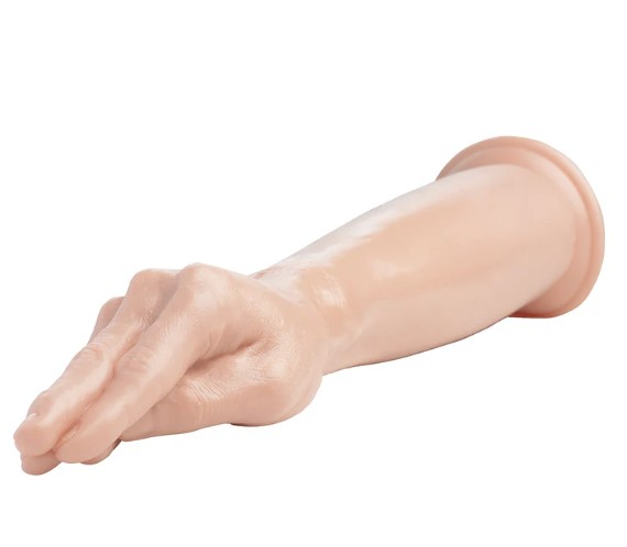 Close-up of knuckles and wrist on white TPE fisting dildo