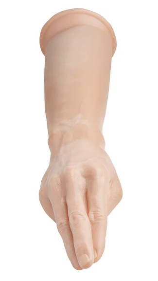 Side profile of large white hand dildo showing full 15 inch length
