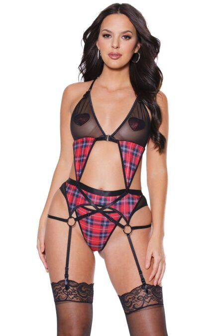 Coquette So Plaid Bralette, Garter Belt & Thong Set