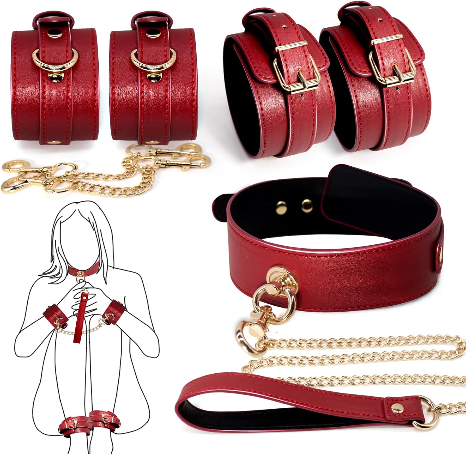 Collier BDSM En Cuir Rouge Avec Laisse - Neuf