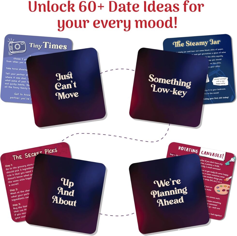 Box of 68 date cards surrounded by candles and wine