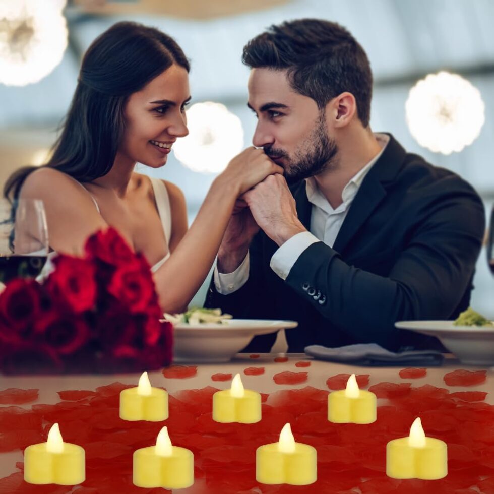 Valentines Day rose petals and LED candles date night decoration