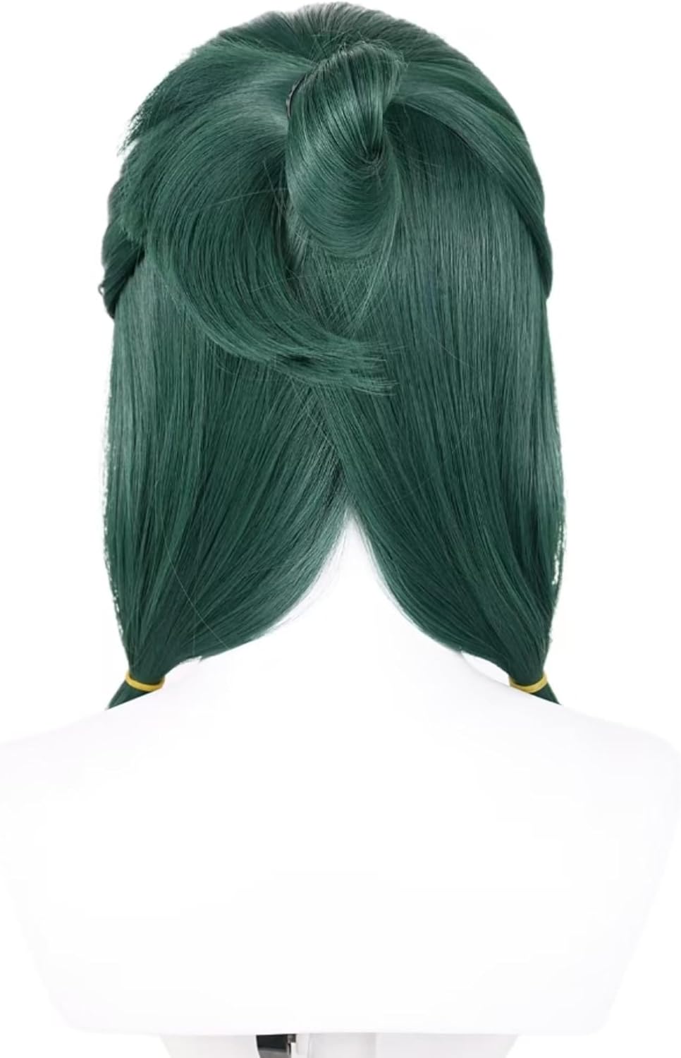 Green wig with long ponytail displayed on stand
