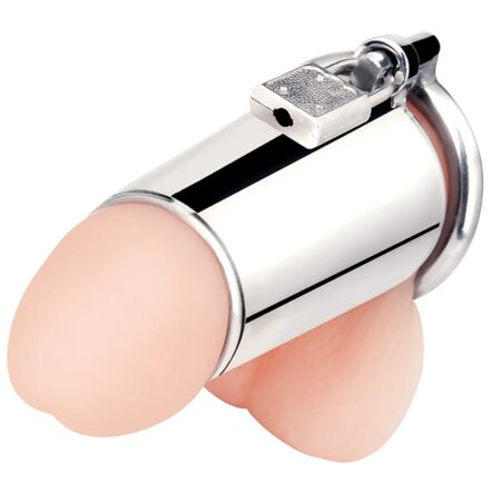 “Stainless steel chastity cage with tease-access design”