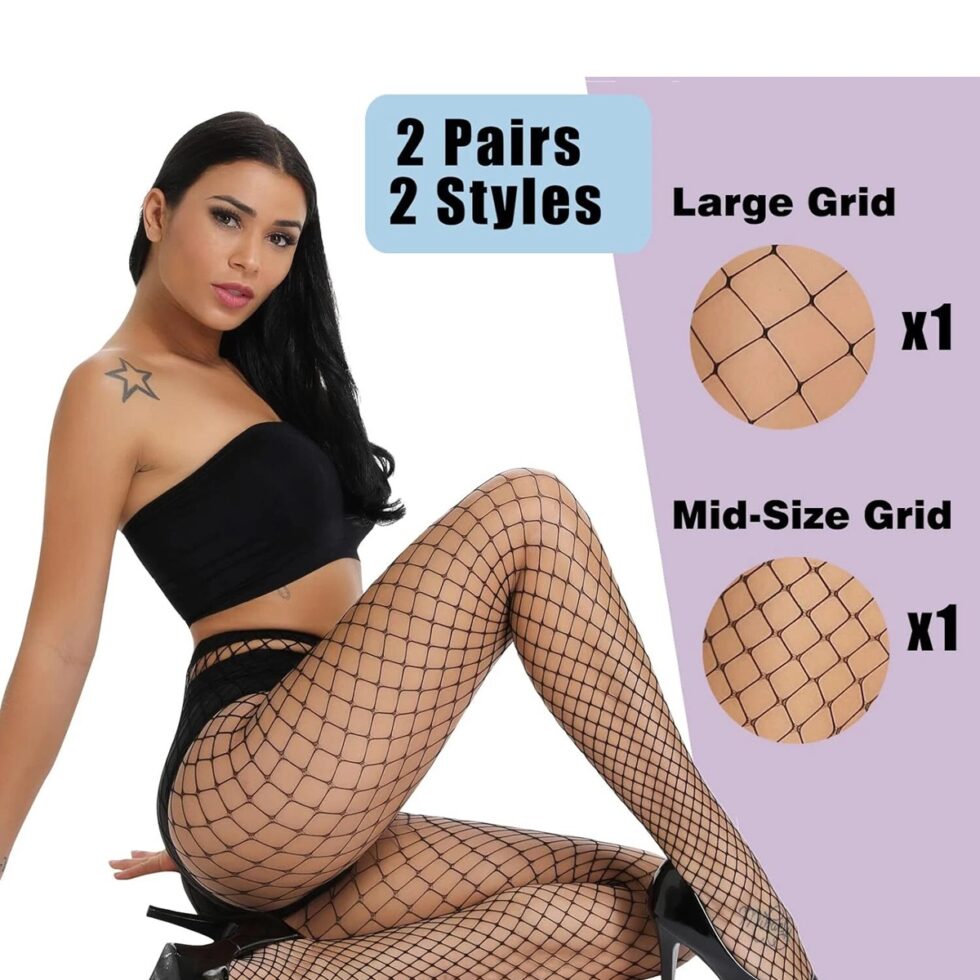 High-waist black fishnet stockings 2-pack with mixed grid patterns