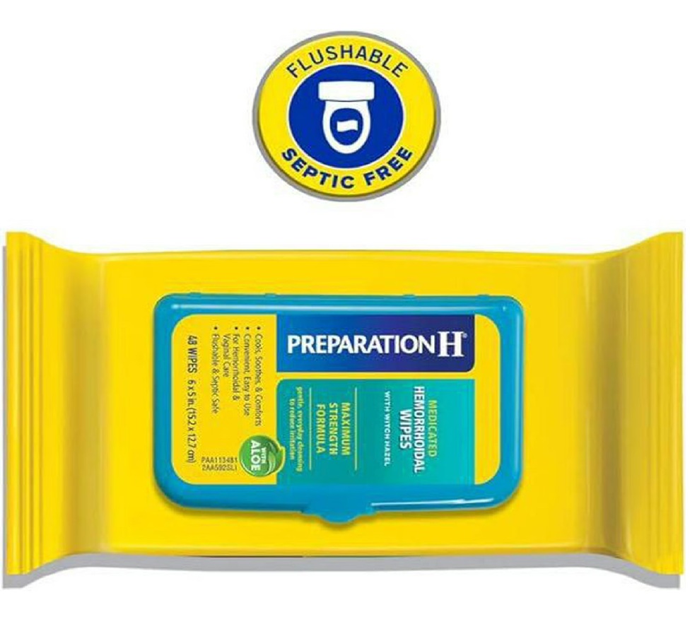 Open pack of Preparation H Anal Play Soothing Ready Wipes with one wipe pulled out