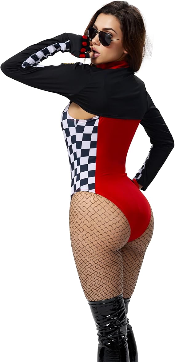 Back view of women’s racer jumpsuit – red and black racing style