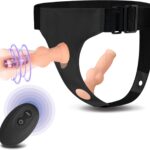 Vibrating strap-on kit with harness and remote bullet displayed as discreet adult toy