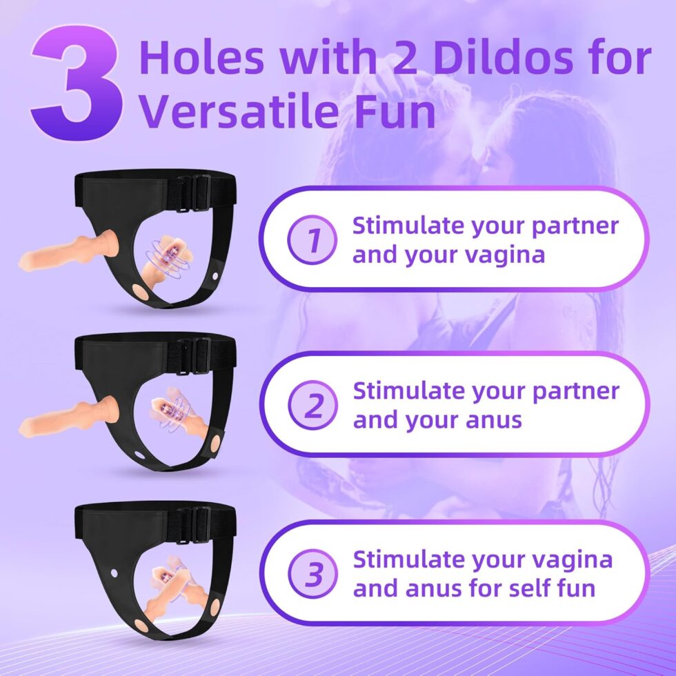 Adjustable strap-on harness with vibrating bullet positioned for clitoral stimulation