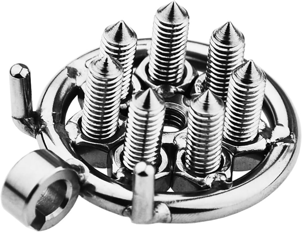 “Locking end detail on stainless chastity device – secure closure”