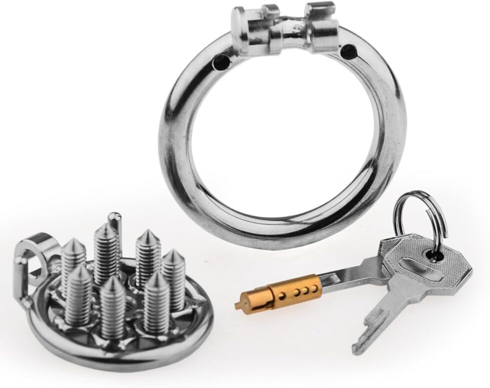 “Male chastity device set displayed – components shown together”