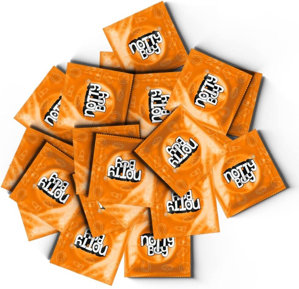 “Notty Boy dotted condoms pack contents – multiple wrappers displayed”