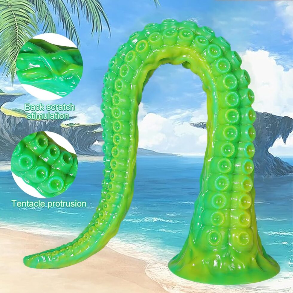 “Fantasy tentacle textured dildo medium size angled view”
