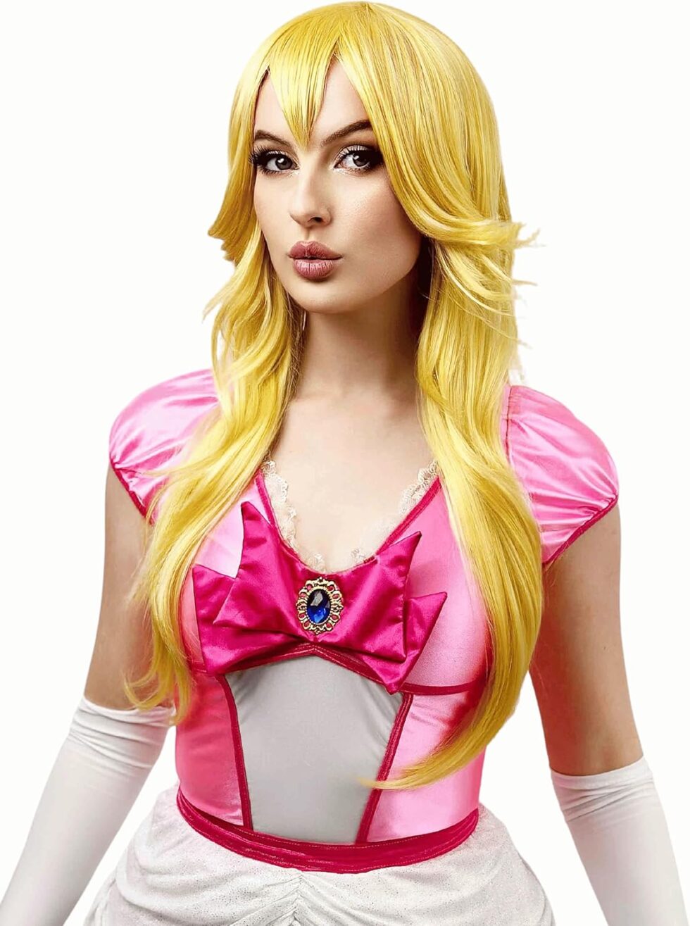 “Princess Peach cosplay wig long wavy blonde wig with bangs front view”