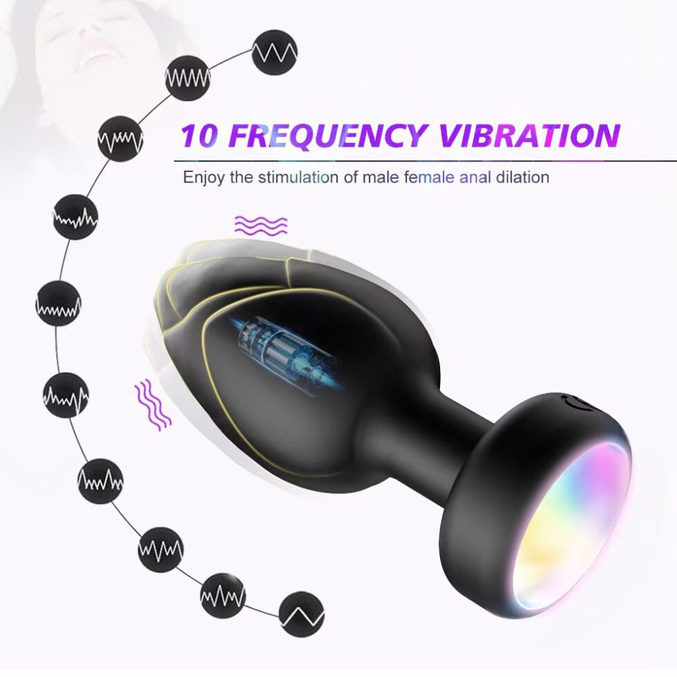 LED light silicone anal plug available in black and red with remote control and vibration features