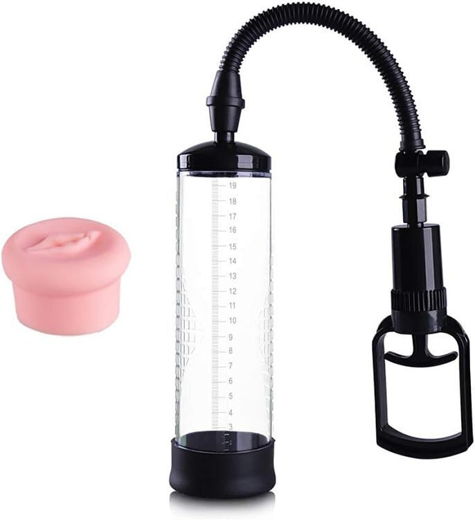 Close-up of black 25 cm penis pump chamber and hand pump design