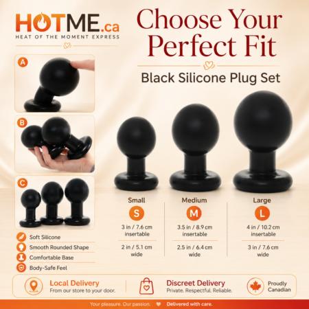 Black 3-piece butt plug set with small medium and large sizes
