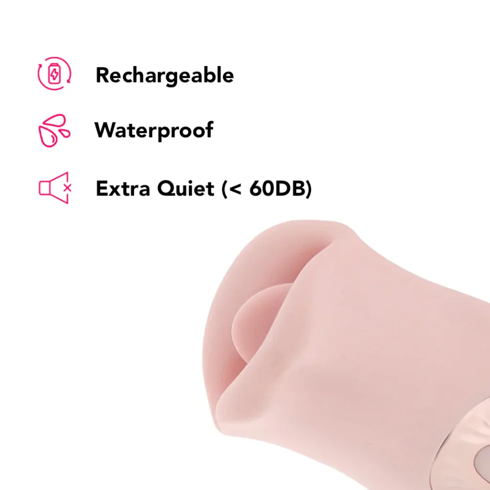 Loveline Kiss rechargeable suction vibe showing compact pink silicone body and easy controls