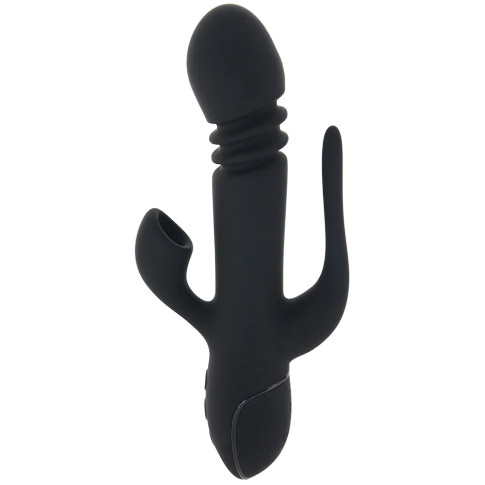 Black Triple Euphoria vibrator with thrusting shaft external suction stimulator and vibrating anal tail