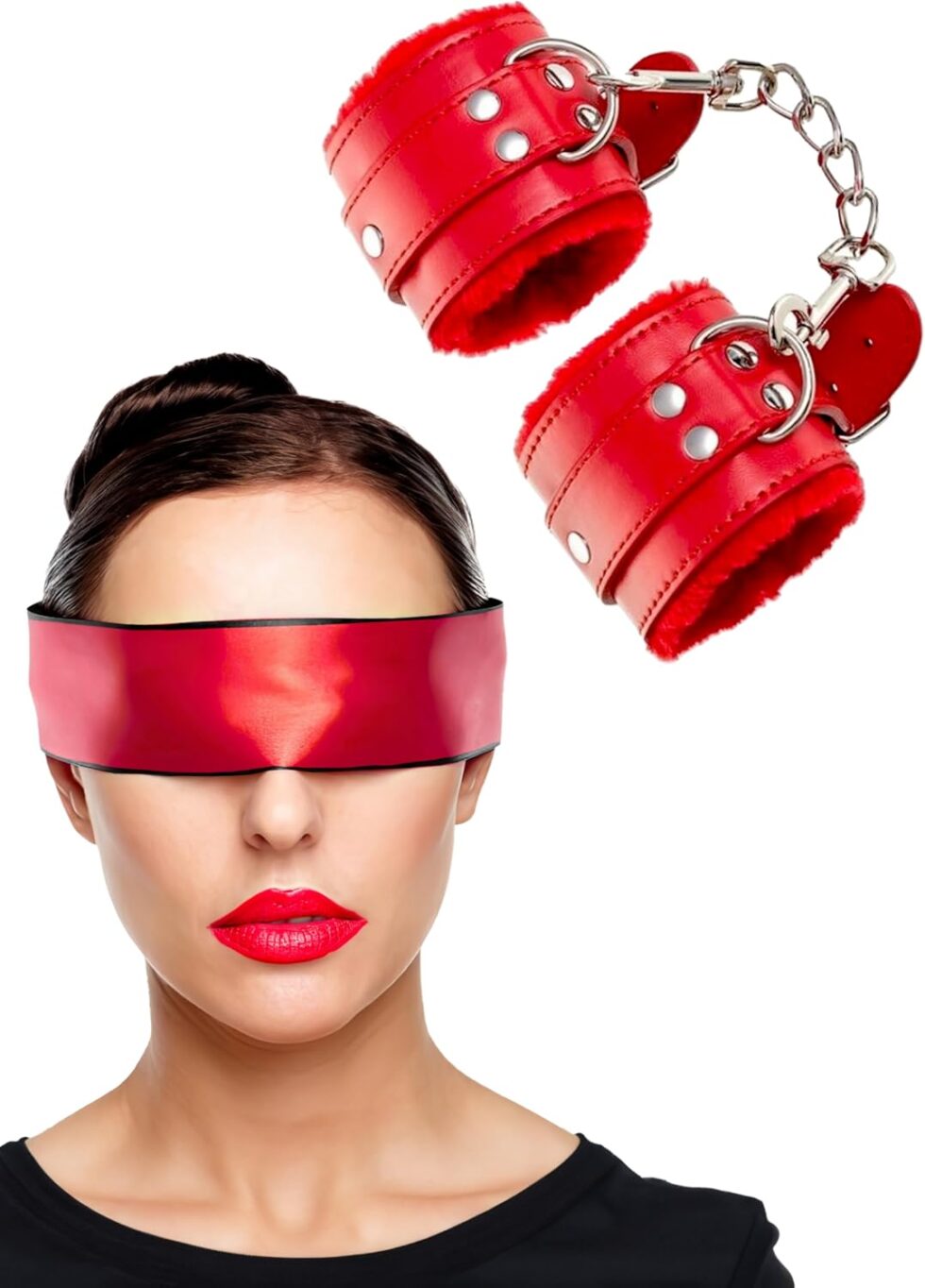 Fluffy red handcuffs with matching satin blindfold