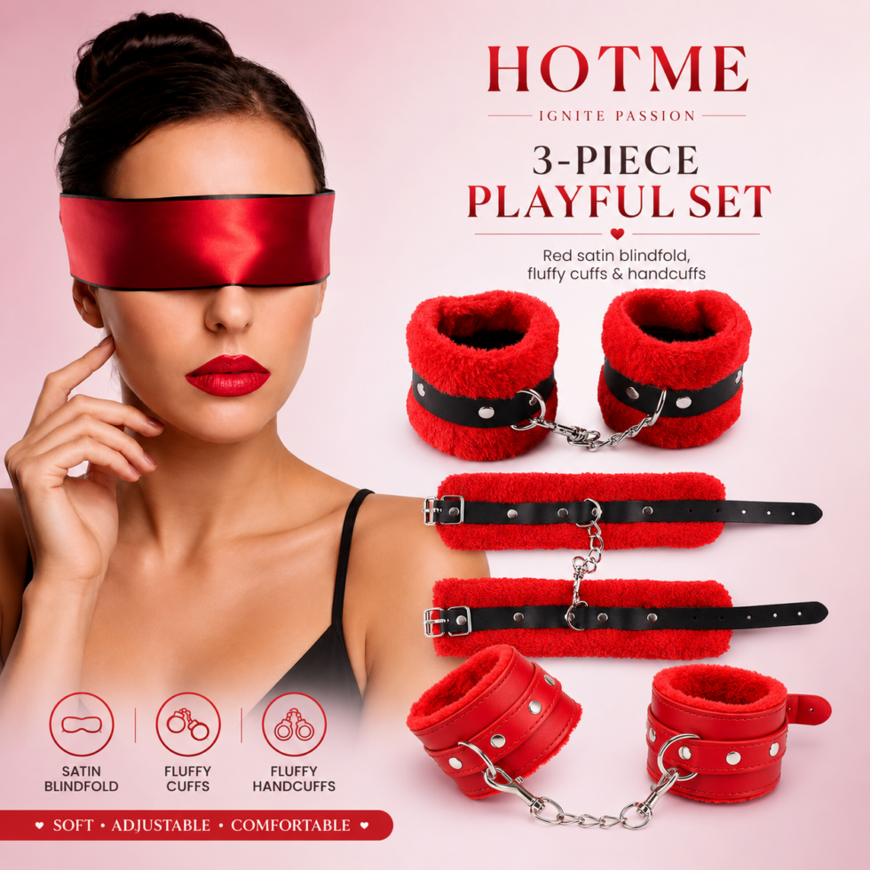 Red leather fluffy handcuffs blindfold and wrist ankle cuff bracelet combo