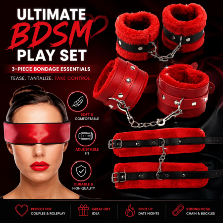Red fluffy handcuffs and blindfold combo set for couples
