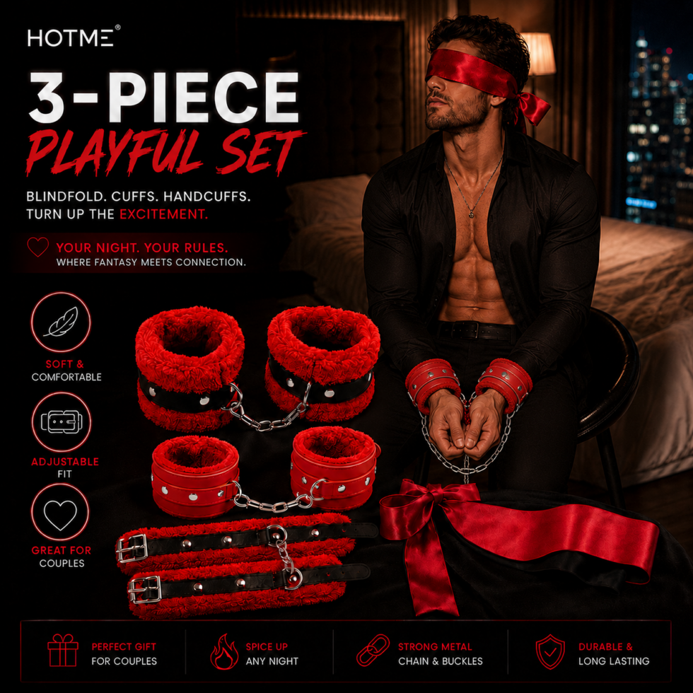 Red fluffy handcuffs with blindfold and matching wrist cuff bracelet