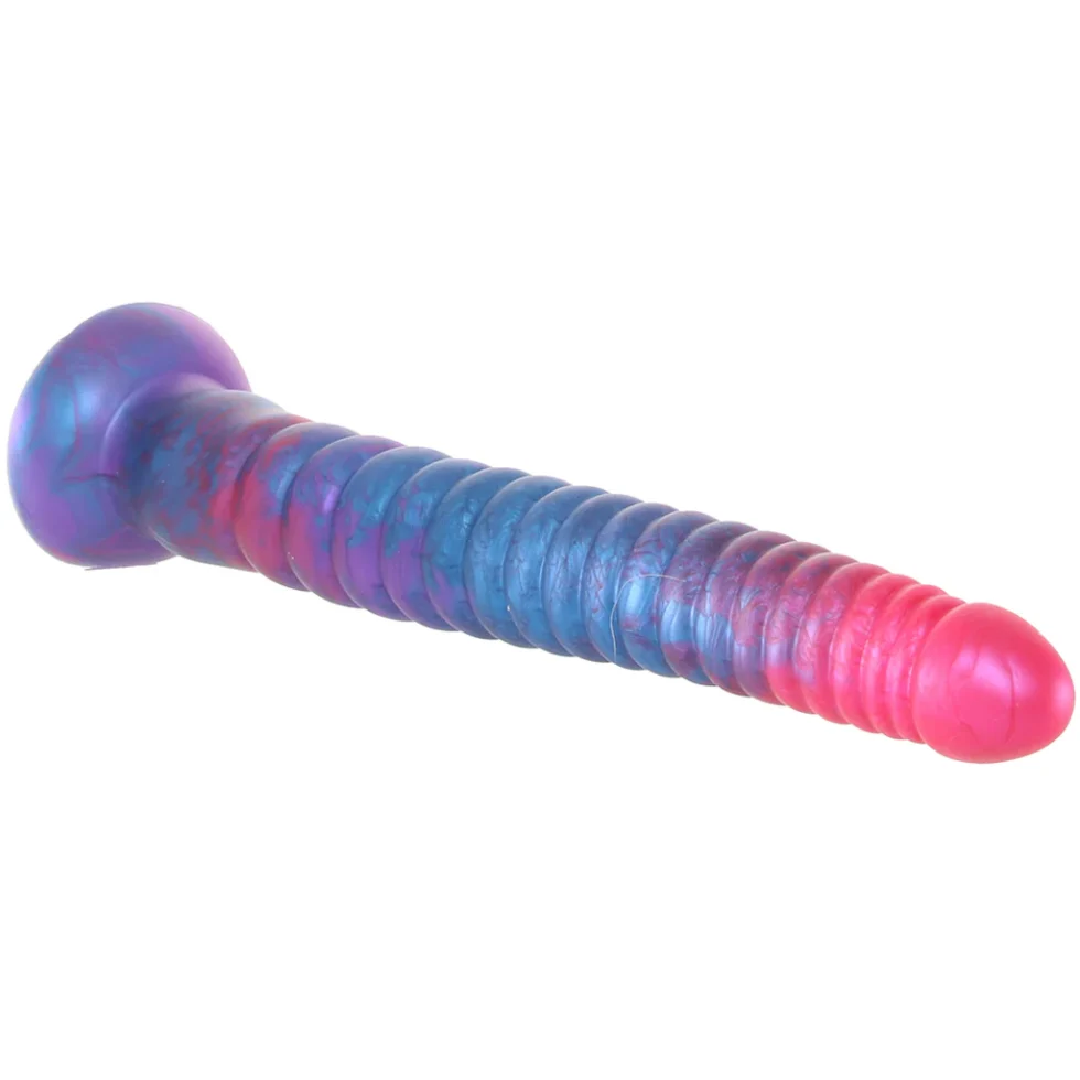 Pink and blue textured dildo with stacked ridges and suction base