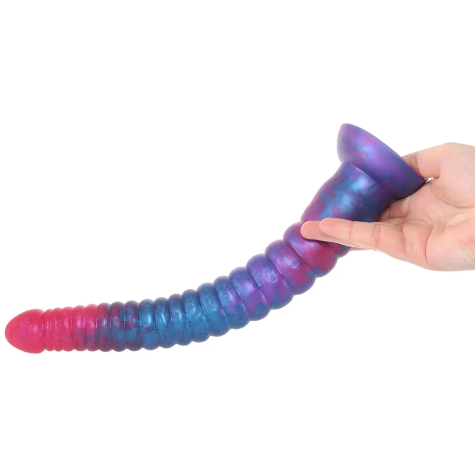 Large colourful silicone dildo with tapered tip and rounded texture