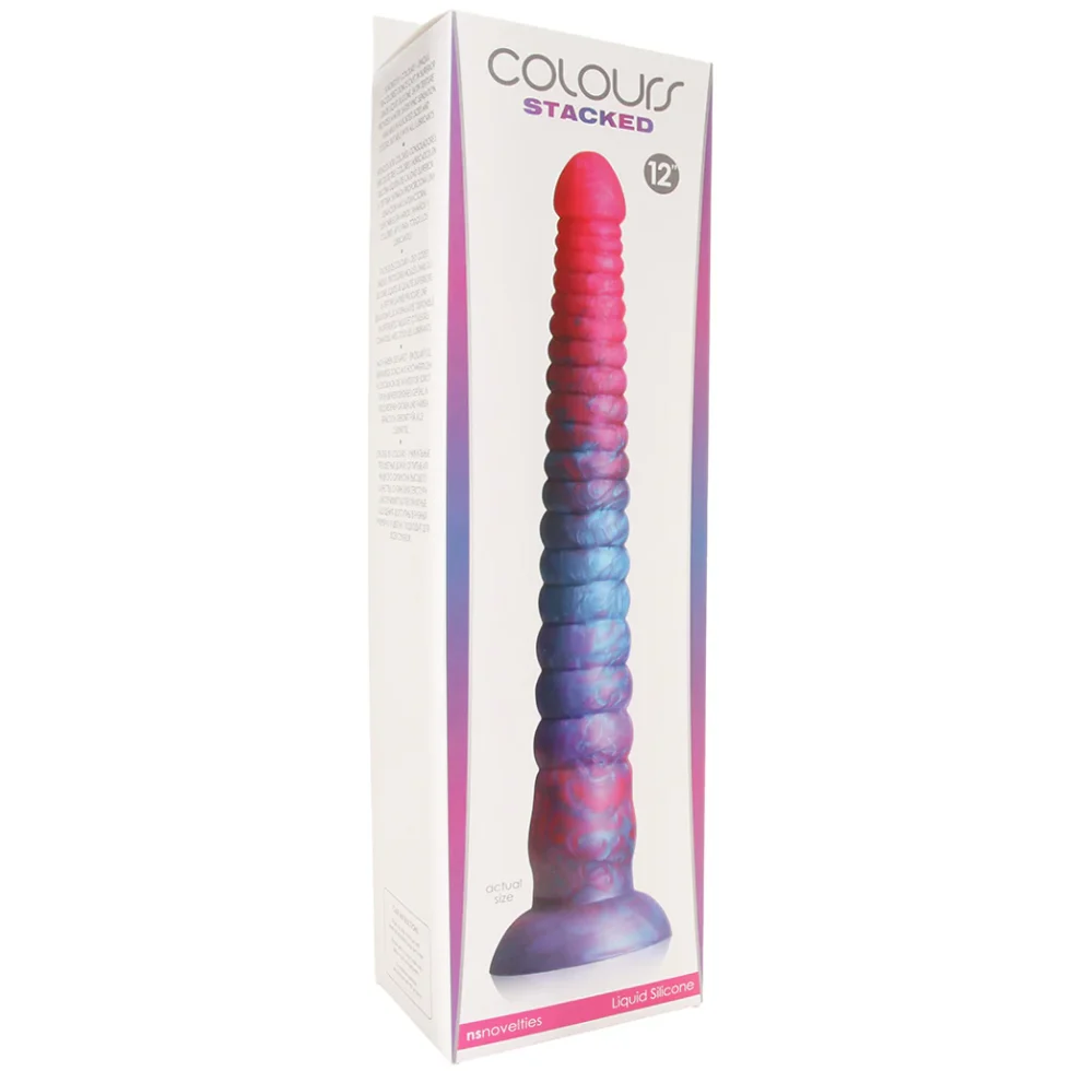 Harness-compatible pink and blue dildo with hands-free suction base