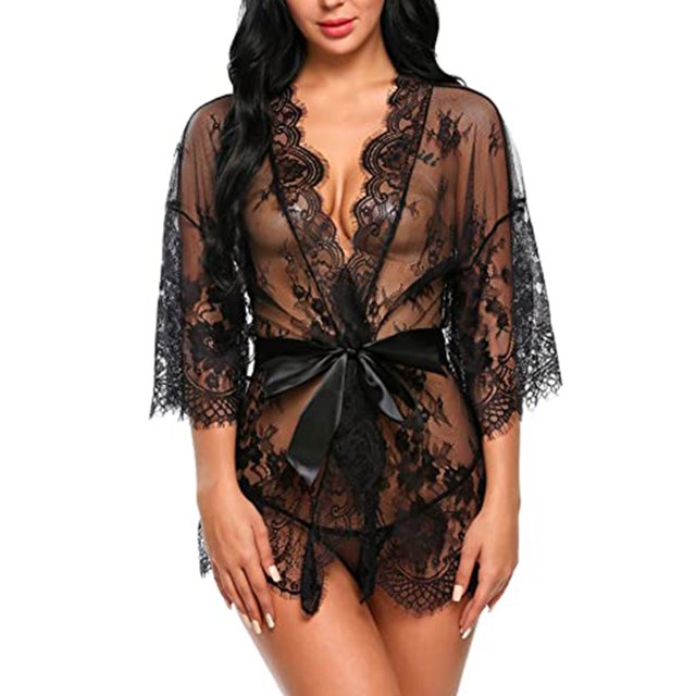 Romantic black sheer lingerie robe