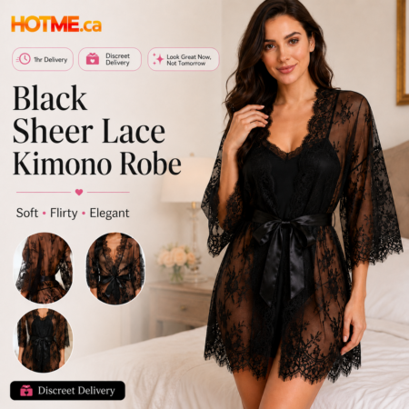 Black sheer lace kimono robe with satin belt