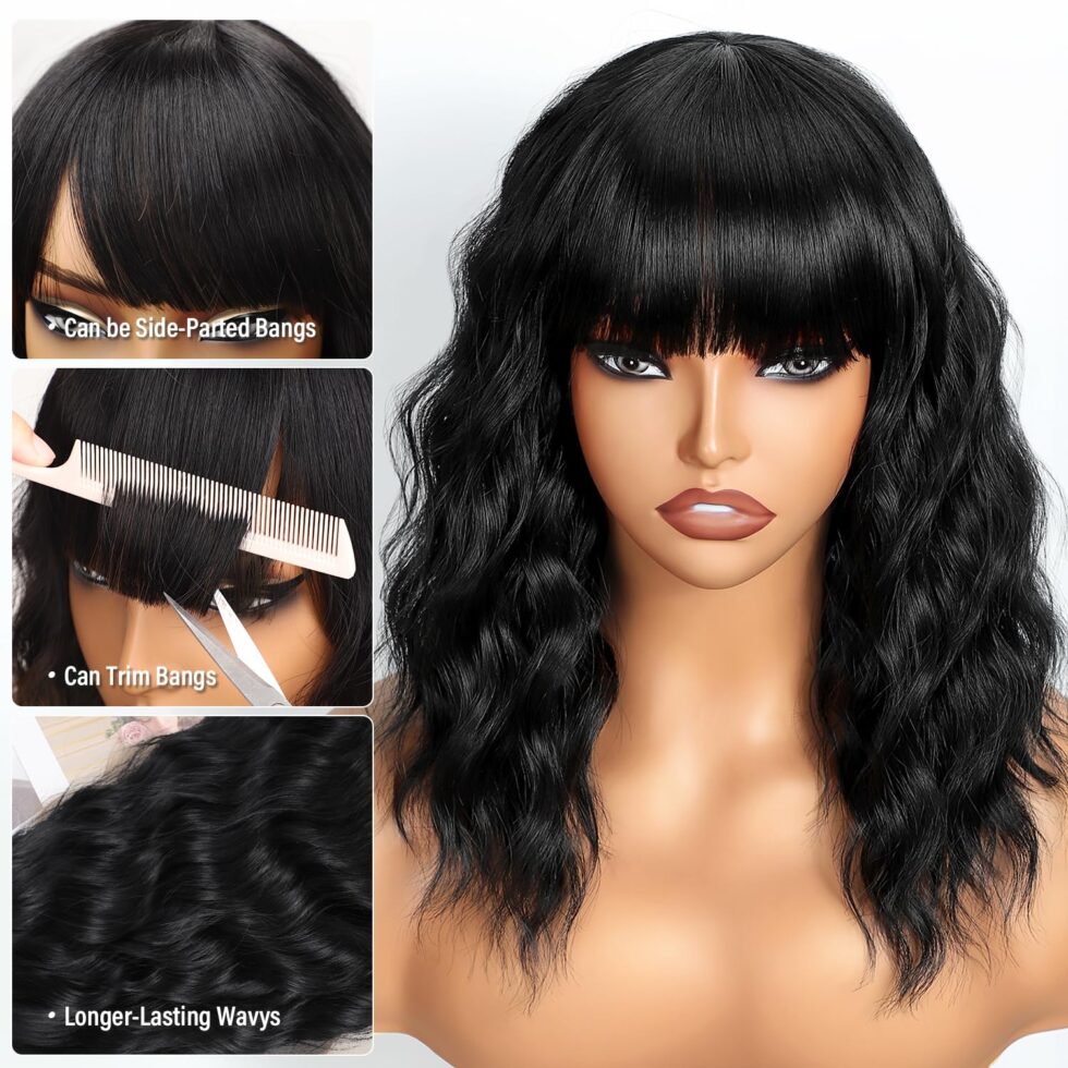 Heat-resistant black wavy wig with fringe