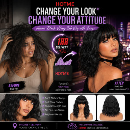 Aiivna Black Wavy Bob Wig with Bangs – 16 Inch