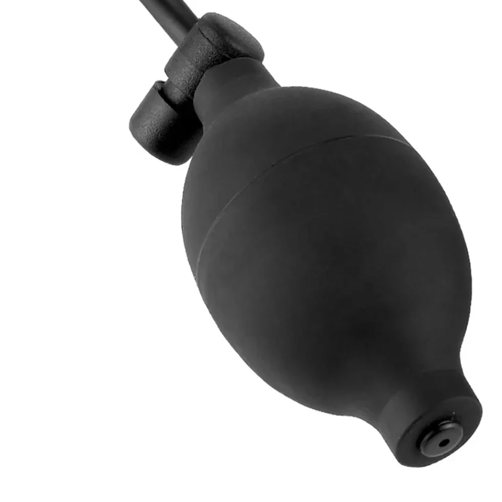 Deflated black inflatable butt plug with tapered tip and wide base