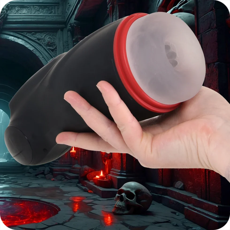 Masturs Raven Shadow Sinner rechargeable auto stroker connected to USB charging cable