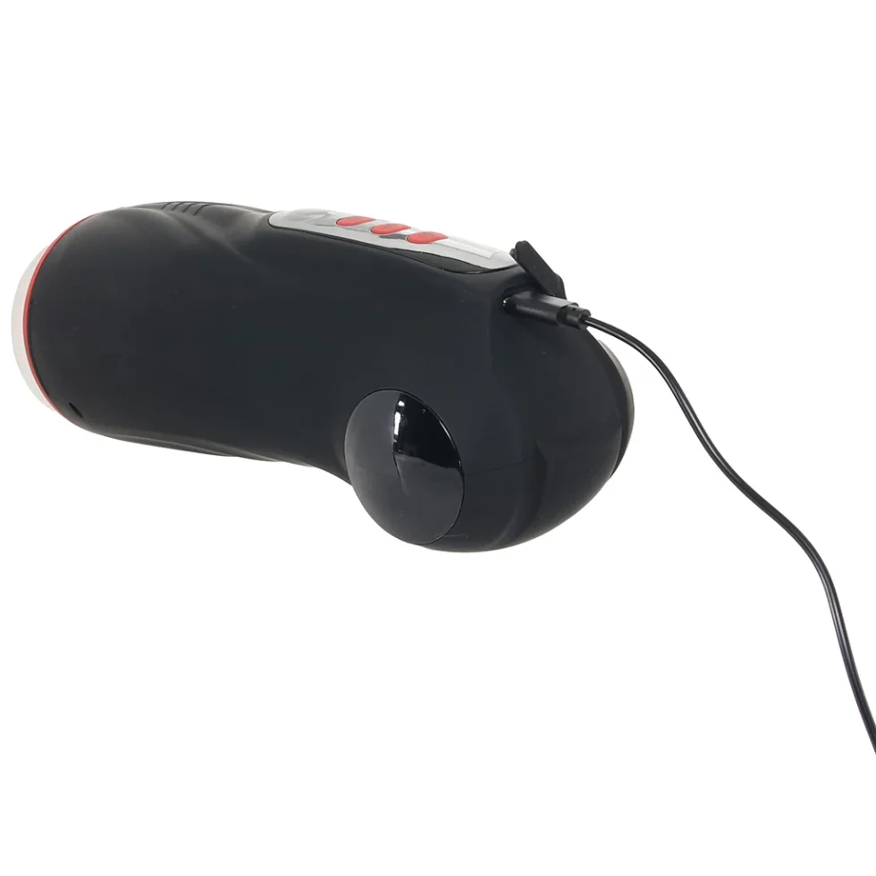Side view of Masturs Raven Shadow Sinner black rechargeable auto stroker