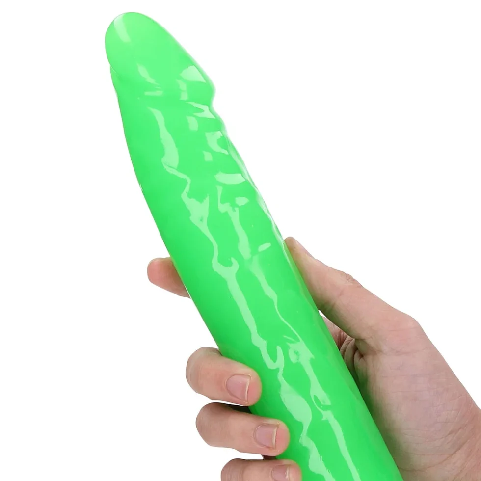 Flexible RealRock glow-in-the-dark dildo shown bending by hand