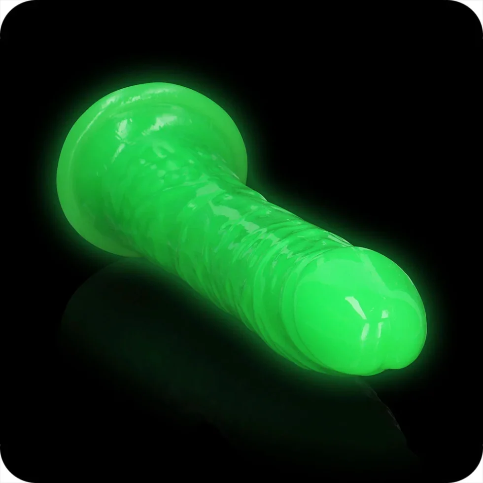 Angled view of the RealRock flexible green glow-in-the-dark dildo
