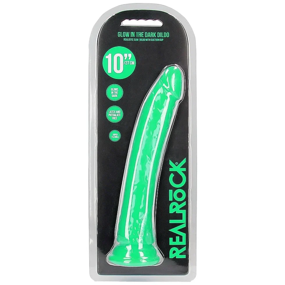 RealRock glow-in-the-dark 10-inch slim green dildo with suction base