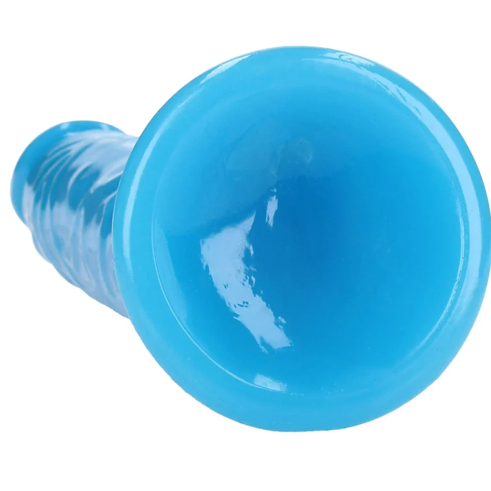 Flexible RealRock blue glow-in-the-dark dildo shown bending in hand