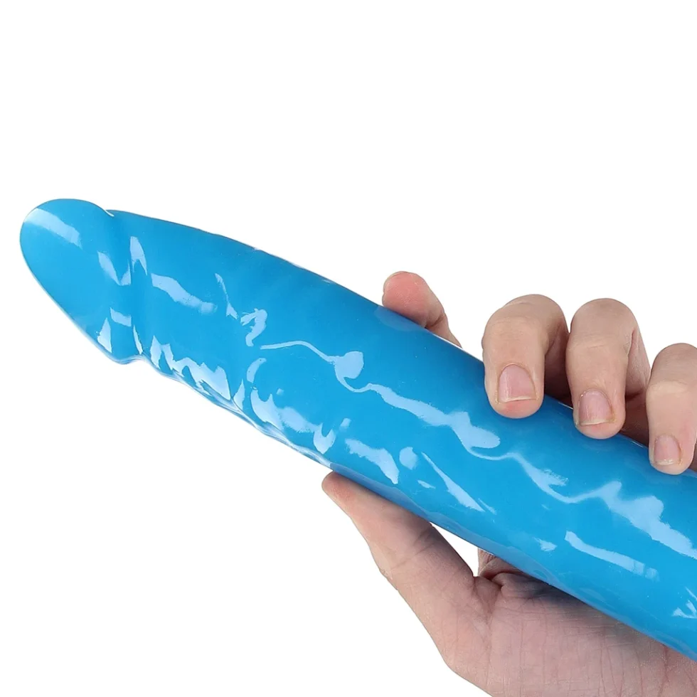 Front view of the RealRock 11-inch slim blue dildo