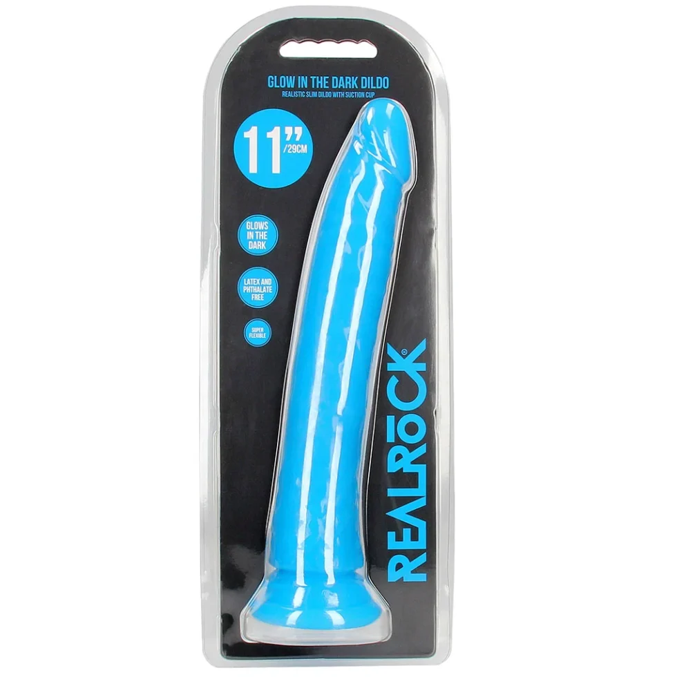 RealRock glow-in-the-dark 11-inch slim blue dildo in retail packaging