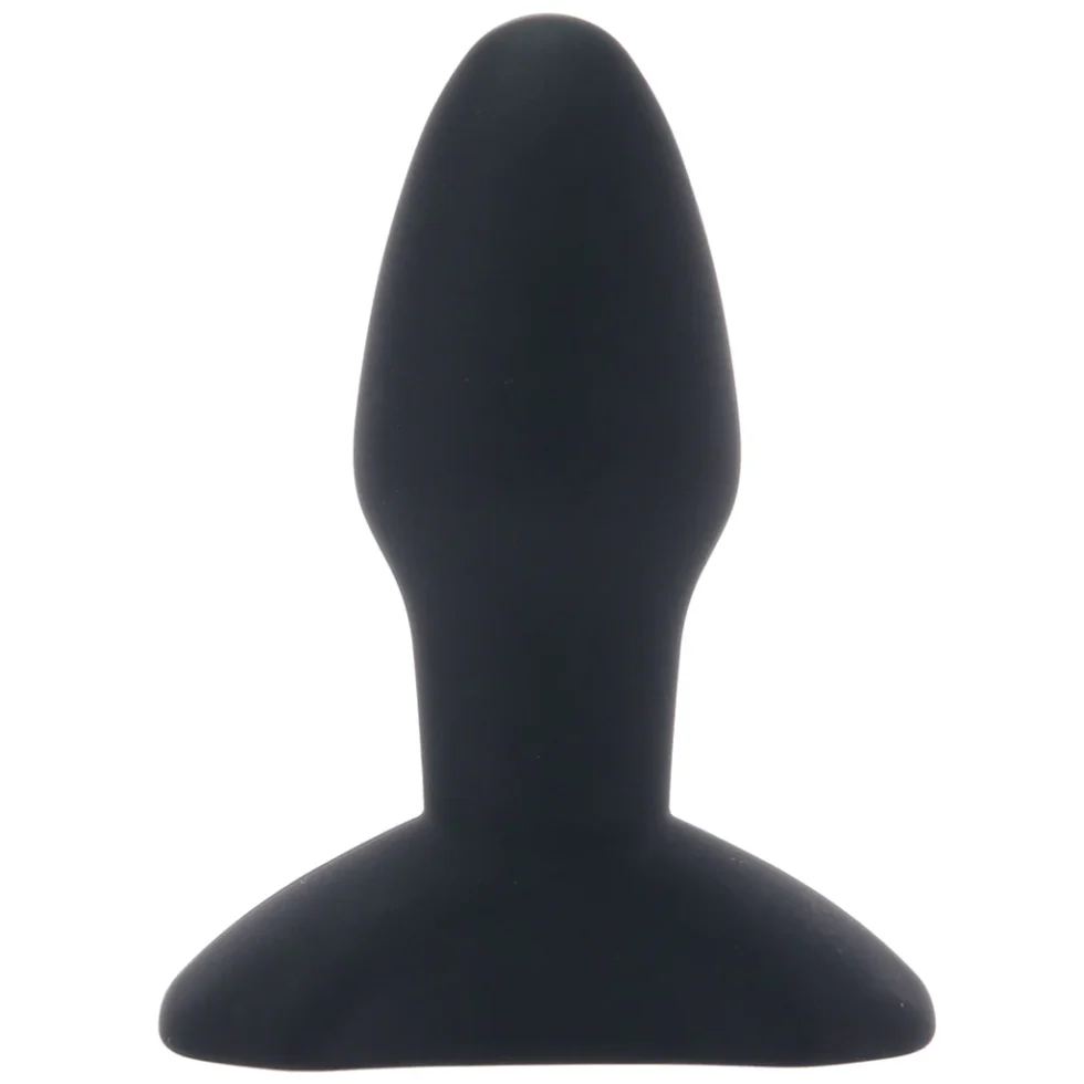 Angled view of the CalExotics black silicone vibrating butt plug