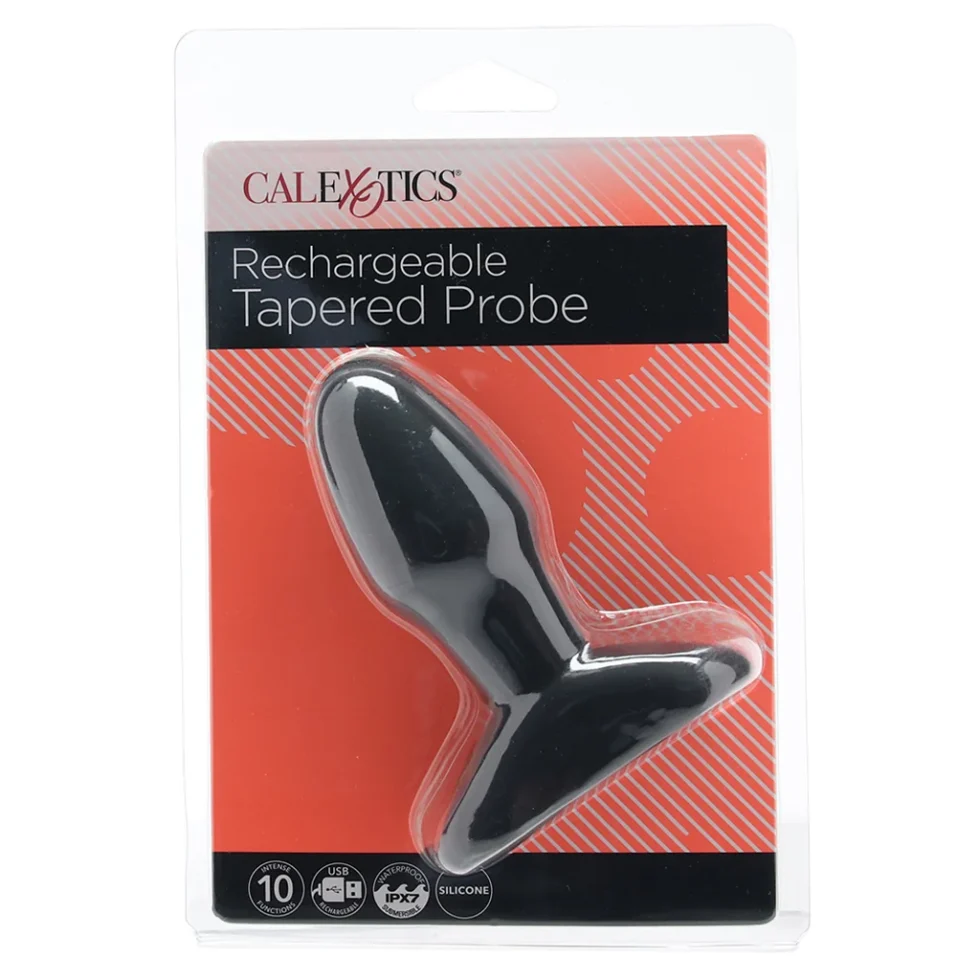 CalExotics, vibrating butt plug, silicone butt plug, tapered anal plug, rechargeable butt plug, waterproof anal toy, black butt plug, flared-base plug, 10-mode vibrator