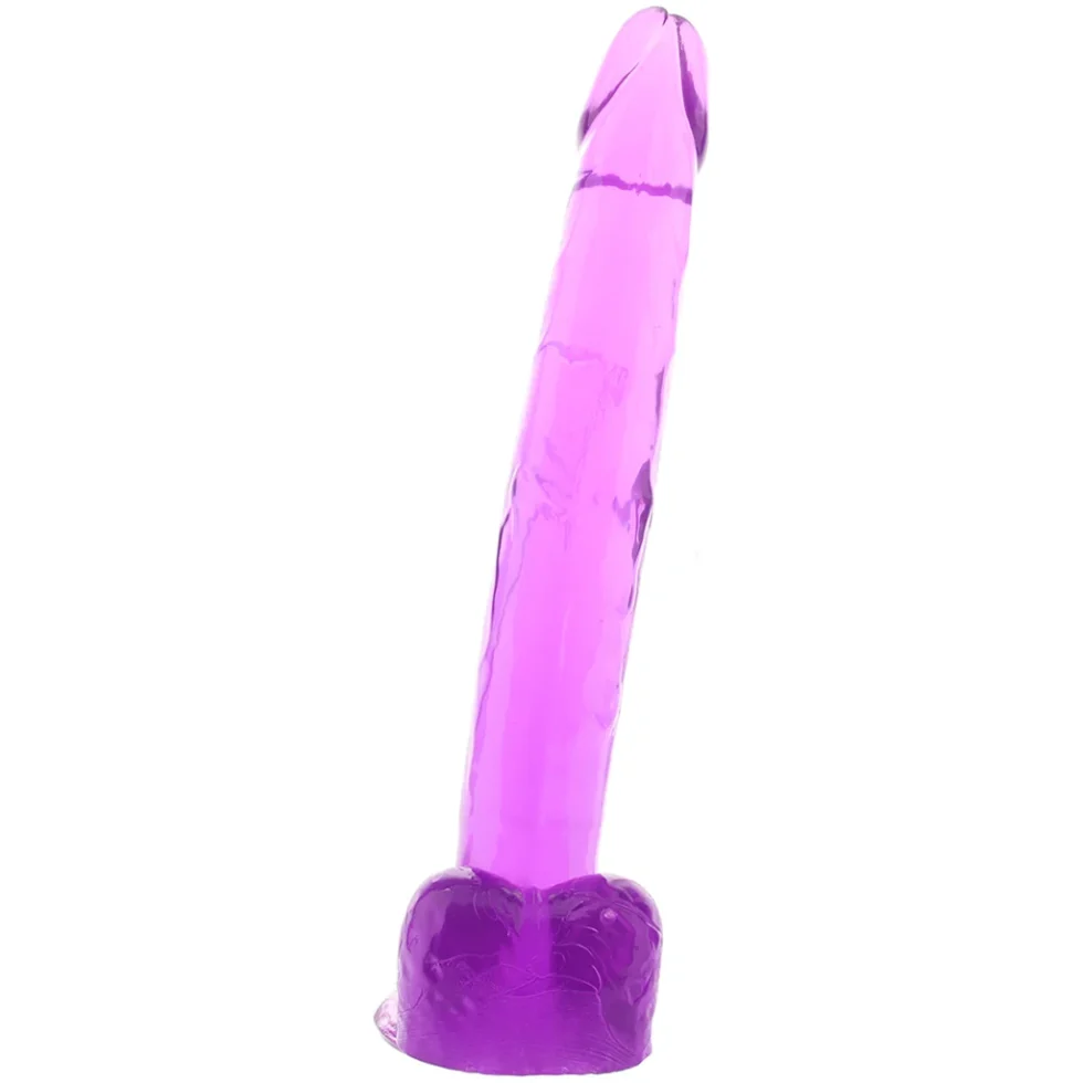 Side view of the Size Queen 12-inch flexible purple dildo