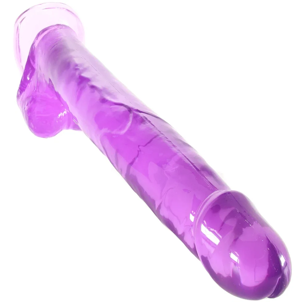 Angled view of the Size Queen extra-large purple jelly dildo