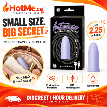 Small purple Intense Travel Vibe Petite tucked inside a cream cosmetic pouch in a handbag.