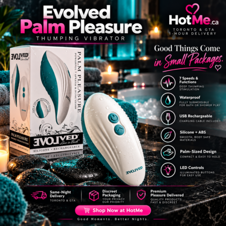 Evolved Palm Pleasure thumping vibrator with waterproof white and teal silicone design